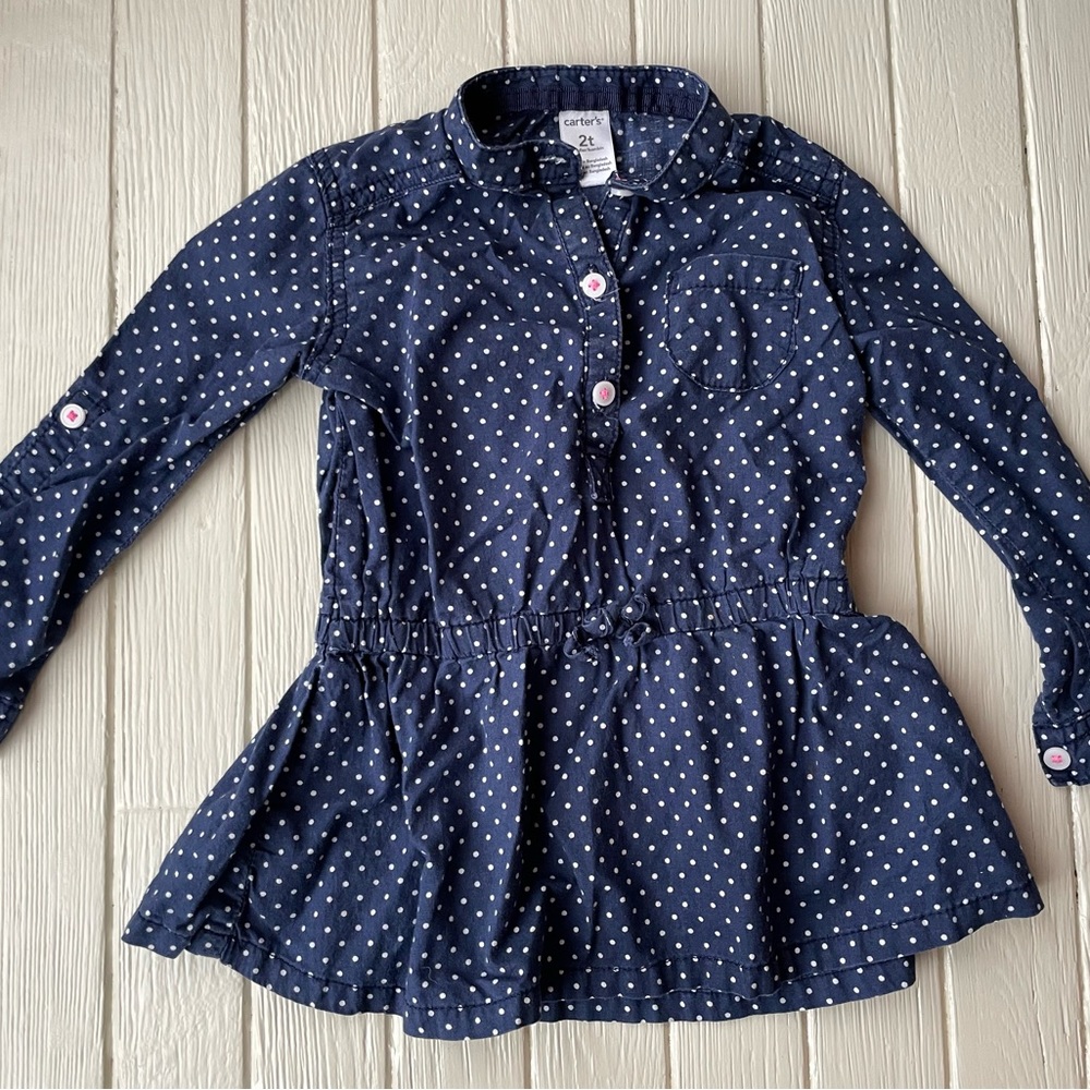 Carters Girls Size 2 Blue Polka Dot Long Sleeve Top button down - Picture 2 of 7